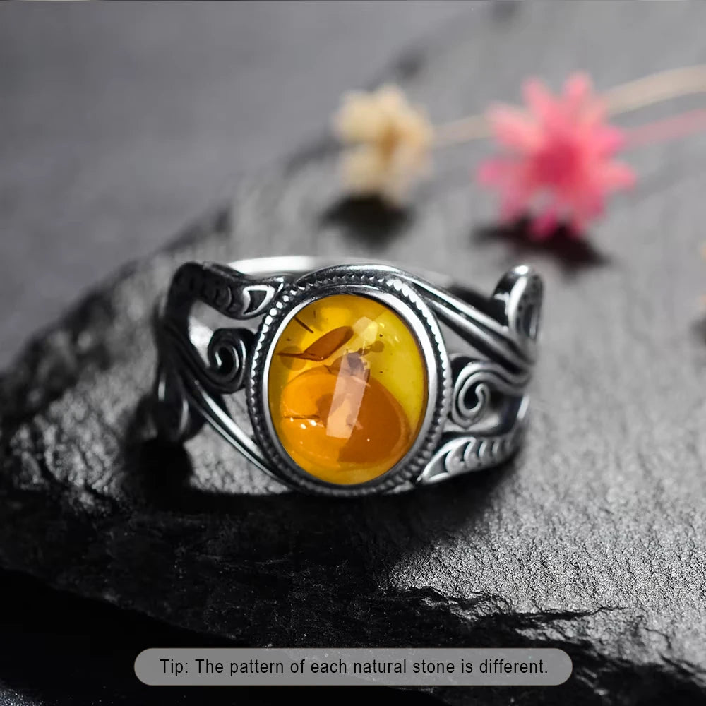 Bague Fleur Vintage Argent Sterling 925 & Pierre d'Ambre Naturelle — Tailles 6 à 10