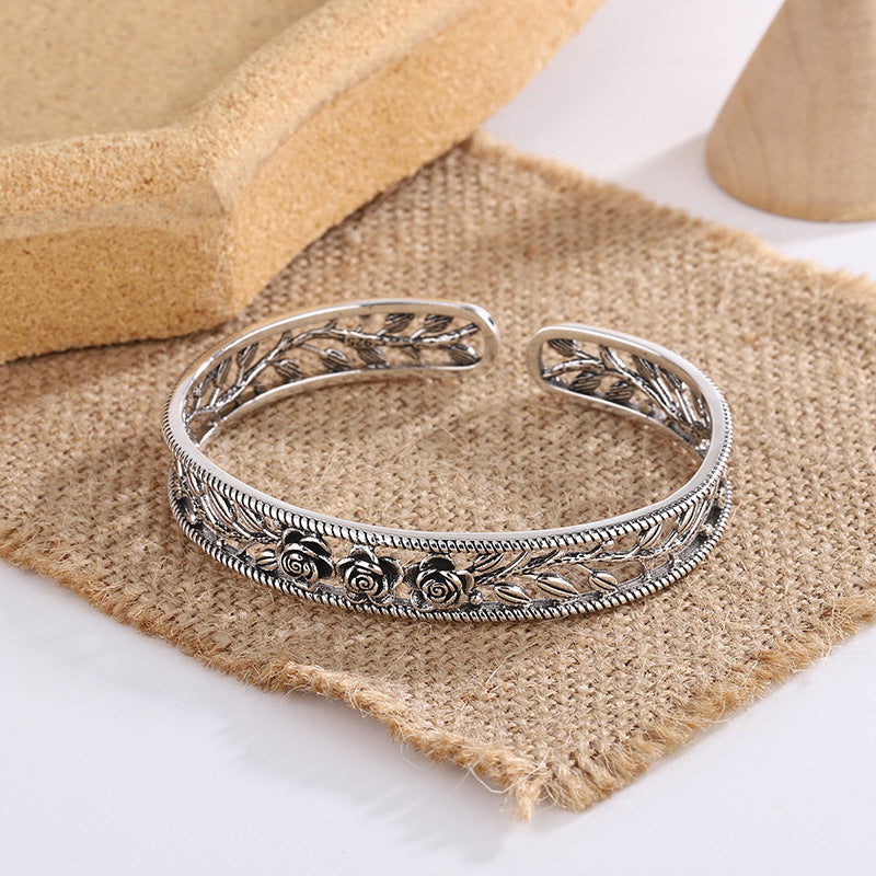 Bracelet Argent Thaï — Motif Rose & Feuilles Ajourées — Élégance Féminine