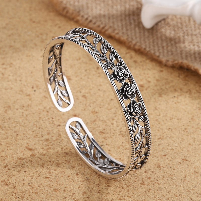 Bracelet Argent Thaï — Motif Rose & Feuilles Ajourées — Élégance Féminine