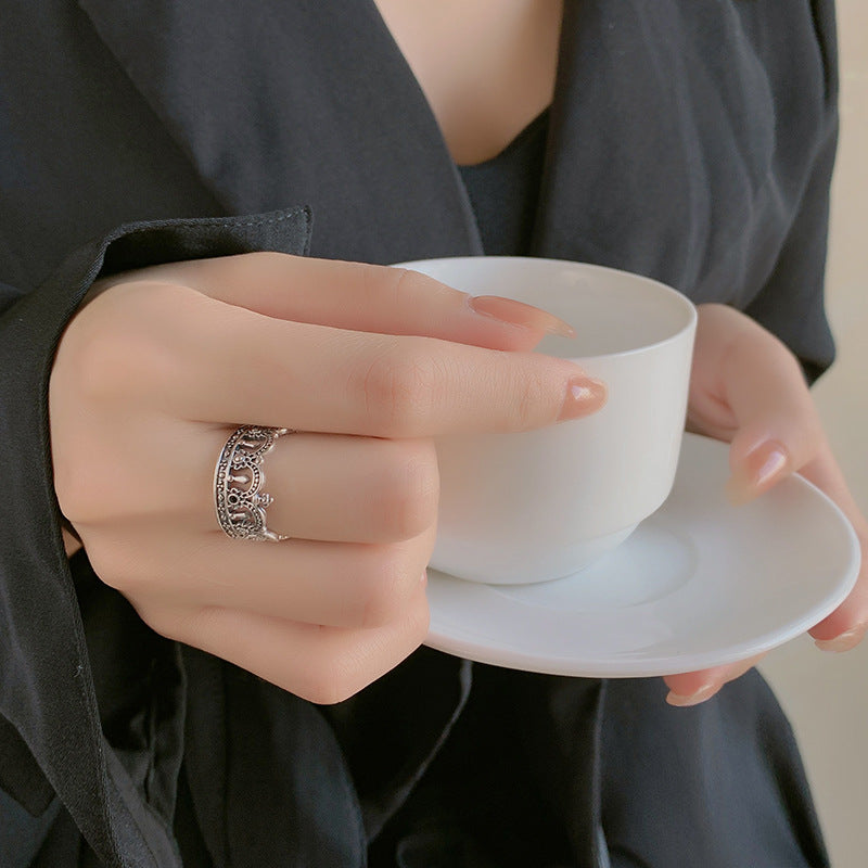 Bague Couronne Argent Massif 925 Thaï — Style Rétro Heavy Industry — Ajustable